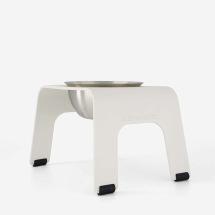 subwooferdog-angle-shot-of white-powdercoated-elevated-stand-and-stainless-bowl-with-black-rubber-feet