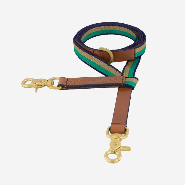 subwooferdog-clearcut-view-on-angle-of-emerald-and-sand-striped-leash